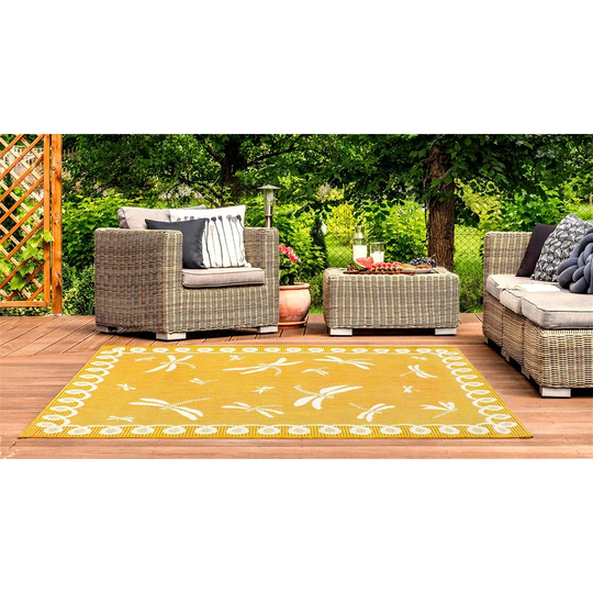 Dragonfly Outdoor Bordered Flatweave Terracotta, Blue, Gold, Teal And Natural Rug (Gold, 60X120 Cm)