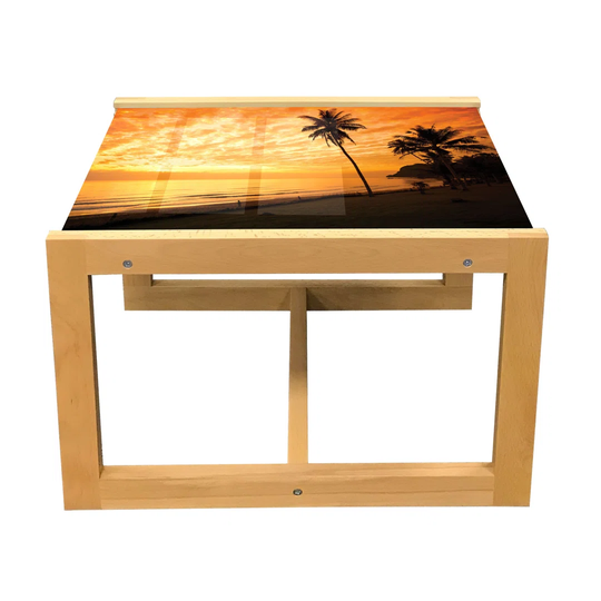 Landscape Coffee Table, Romantic Sunset Scenery Silhouettes Of Palms And Coast Tangerine Sky Sea, Acrylic Glass Center Table With Wooden Frame For Off