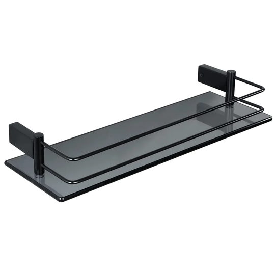 Bathroom Shelf Tempered Black Glass Shelf With Rail Wall Mounted 16 Inches, Stainless Steel Matte Black Finished