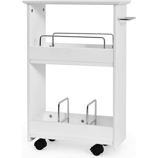 Slim Rolling Storage Cart, 2-Tier Narrow Slide Out Trolley with Open Shelves, Metal Dividers and Towel Bar, Freestanding Bathroom Storage Cabinet on