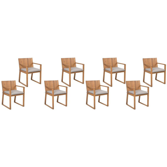 Set of 8 Rustic Outdoor Garden Wood Dining Chairs with Taupe Cushions Sassari - Light Wood