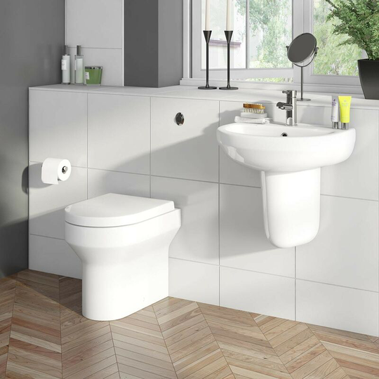 Wharfe back to wall cloakroom suite with semi pedestal basin 550mm - White - Orchard