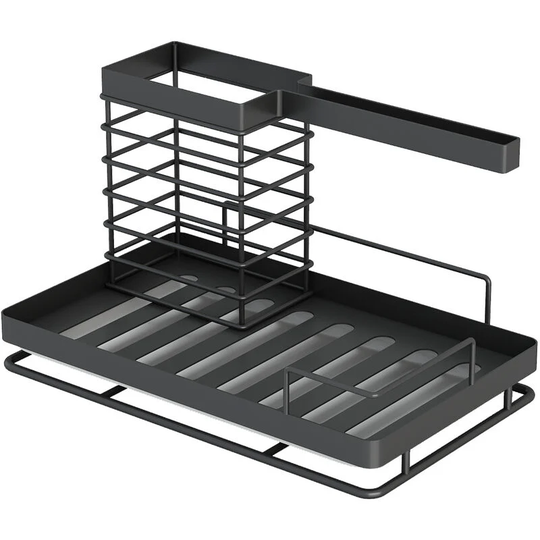 Kitchen Sink Organizer Caddy with Drain Pan Tray Sponge Scrubber Brush Dishcloth Holder Counter Rack Anti-Rust Surface Treatment - Black - Black