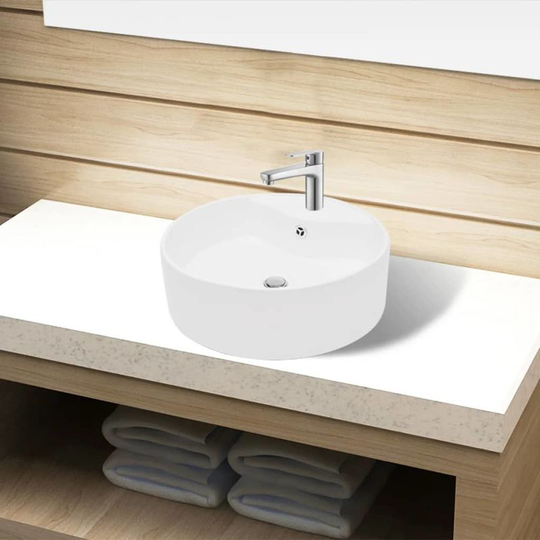 Ceramic Bathroom Sink Basin Faucet/Overflow Hole White Round VD04216