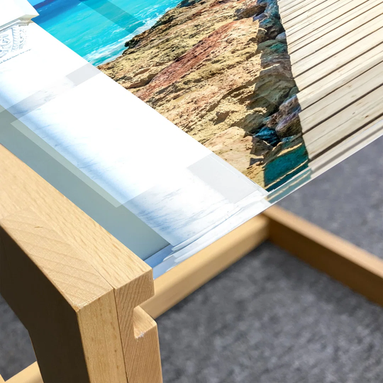 Coastal Coffee Table, View From An Open Window Curve On The Sea With A Quay Wooden Coastline, Acrylic Glass Center Table With Wooden Frame For Offices