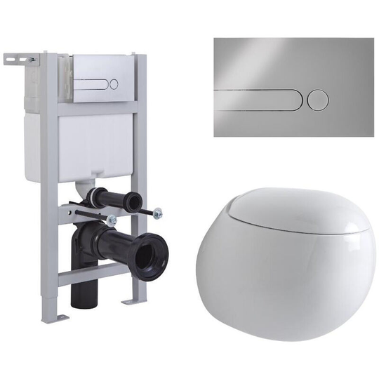 Milano - Mellor - White Ceramic Modern Bathroom Wall Hung Round Toilet wc with Short Wall Frame Cistern and Dot Chrome Flush Plate