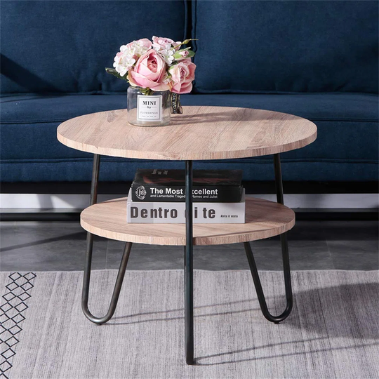 Round Coffee Table Modern Side Table With 2 Tier Storage Wooden Snack Table Lamp Bedside Sofa Table For Living Room, Natural