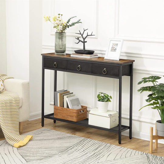 Console Table, Hallway Table,Slim Sofa Table With 3 Non-Woven Drawers, Metal Mesh Frame, Sturdy, Narrow Side Table For Small Spaces, Entrance, Living