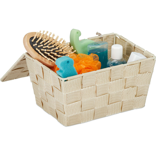 Lidded Storage Basket with Lid, Bathroom Storage, pp, HxWxD: 10.5 x 19.5 x 14.5 cm, Beige - Relaxdays
