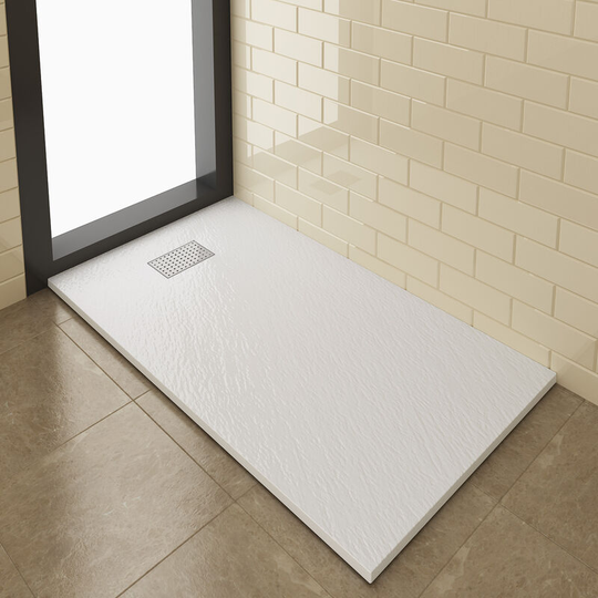 Shower Tray 1400x800mm White Slate Effect Square Shower Enclosure Base with Waste Trap and Stainless Steel Drain Cover a - Elegant