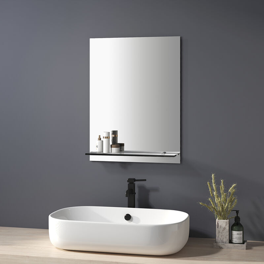 Bathroom Mirror with Shelf 45x60cm, Frameless Wall Mounted Bathroom Mirror with Glass Shelf - Heilmetz