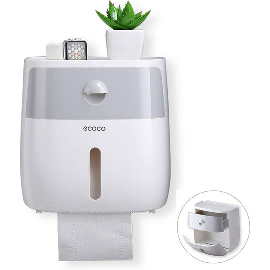 Heavy Duty Adhesive Roll Holder, No Drilling, Bathroom Fixtures, 3M Self Adhesive, with Waterproof and Dustproof Cover (Gray)