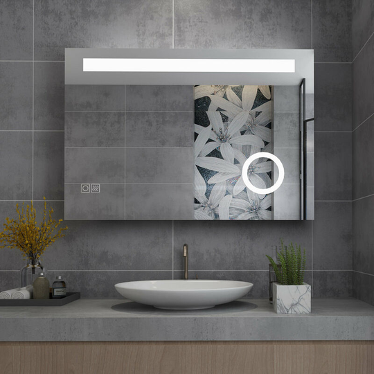 Miqu - 1000 x 700mm Bathroom Mirrors with Shaver Socket 3X magnifier led Lights Illuminated Backlit Wall Mount Light Up Mirror 3 Color Dimmable Anti