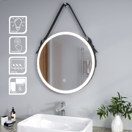 Elegant - Modern led Illuminated Bathroom Mirror with Light 600x600mm Belt Decorative Round, Dustproof & Anti-fog,Cool White Light, Sensor Touch