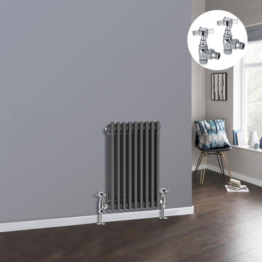 Anthracite 3 Column Traditional Cast Iron Style Radiator with Chrome Angled Cross Head Manual Valves Horizontal 600x427mm