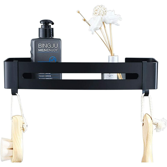 Bathroom Shelf, Black No Drilling Shower Shelves with 2 Hooks, Aircraft Aluminum Bathroom Wall Shelf, Adhesive Shower Caddy, Durable, Rustproof