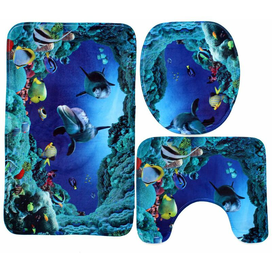 3Pcs Bathroom Non-Slip Ocean Shark Pedestal Rug Bath Mat Lid Toilet Cover
