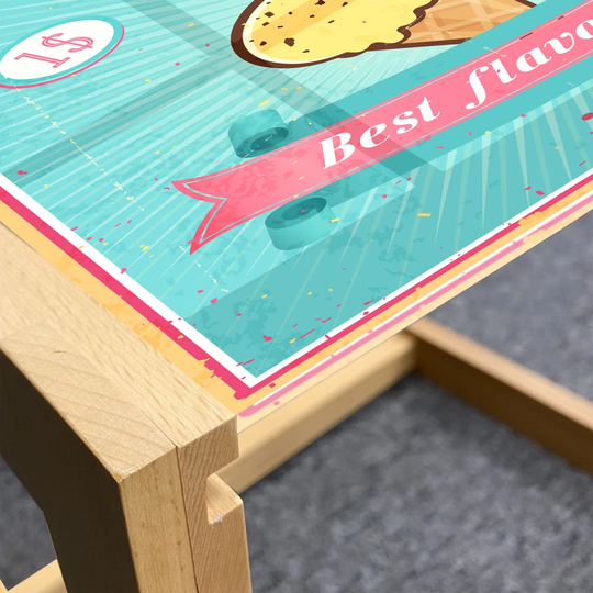 Ice Cream Coffee Table, Best Flavor Words With Free Topping Design Illustration, Acrylic Glass Center Table With Wooden Frame For Offices Dorms Seafoa