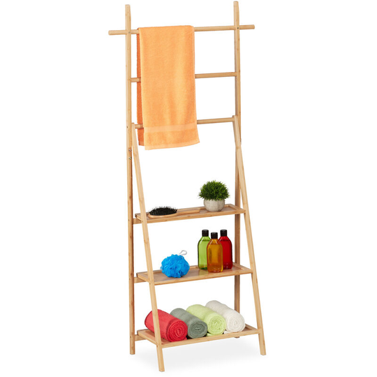 Relaxdays - Towel Rack, Ladder, 3 Rails, 3 Shelves, h x w x d: 152 x 66 x 32 cm, Standing Towel Holder, Bamboo, Natural
