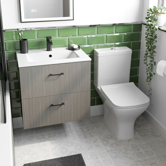 Lea avola grey wall hung vanity unit with black handle 600mm and Derwent square close coupled toilet suite - Grey - Orchard