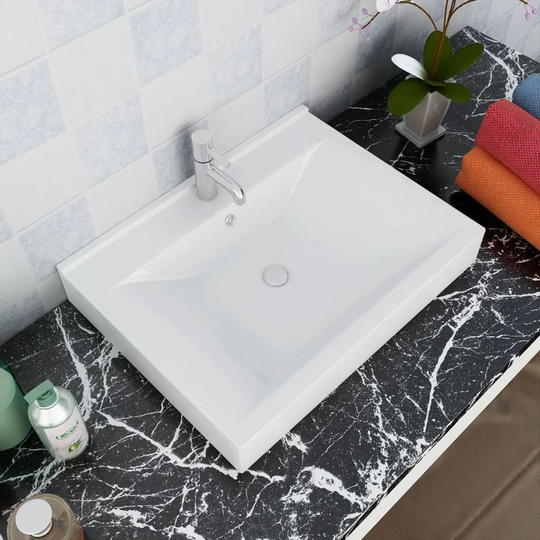 Rectangular Ceramic Basin Sink White with Faucet Hole 60x46 cm VD03673