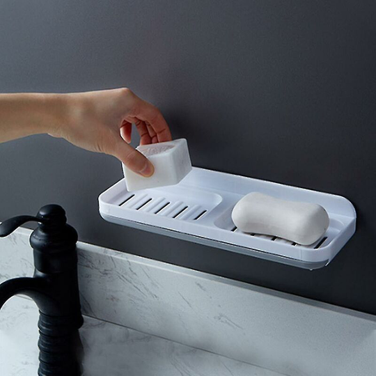 Double Compartment Wall Mounted Soap Dish with Dual Drain Soap Dish - White Soap Dish