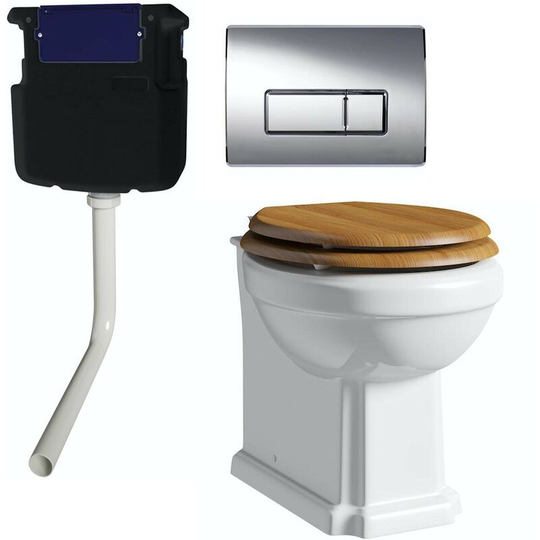 The Bath Co. Dulwich back to wall toilet with oak effect soft close seat, concealed cistern and push plate - White/Oak