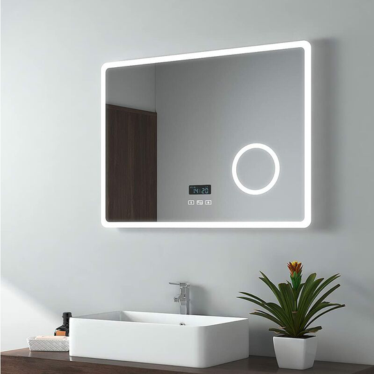Emke - Backlit Illuminated Bluetooth Bathroom Mirror with Shaver Socket 600x800mm, Mirror with Lights + Demister + Clock + Bluetooth + 3-Fold