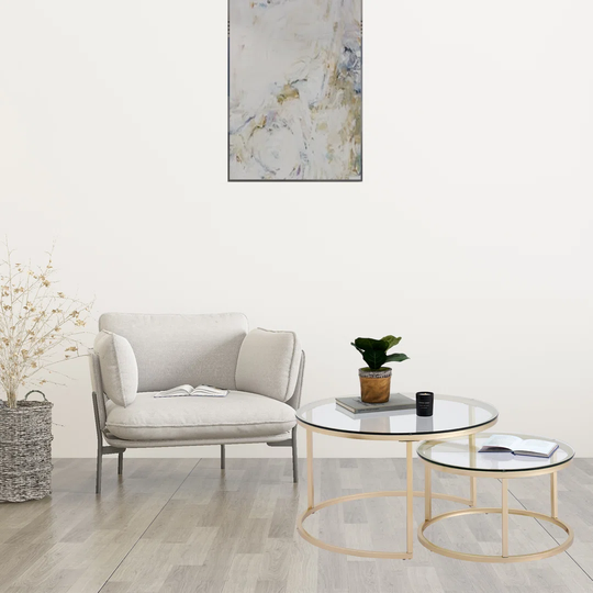 Nesting Coffee Tables Set Of 2, Glass Top And Golden Frame