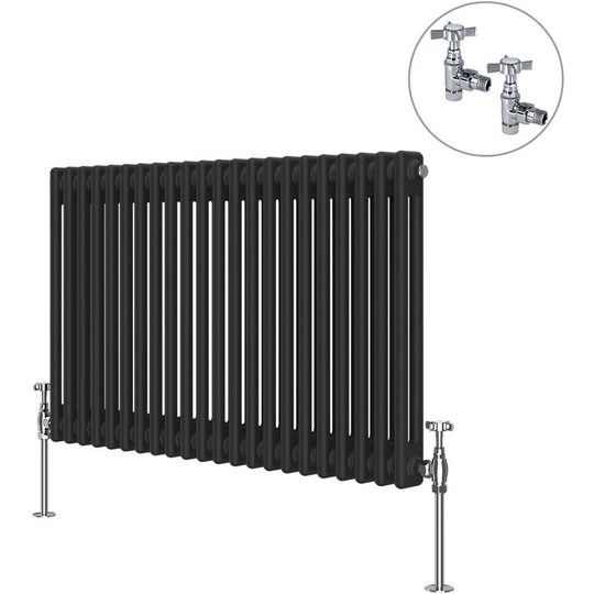 NRG - Traditional Rad Cast Iron Style Radiator Black + Chrome Angled Traditional Radiator Manual Valves 600x1010mm Horizontal Double Column