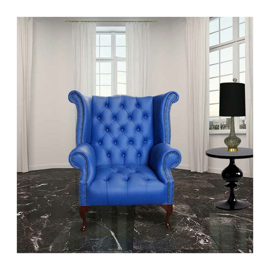 Chesterfield Buttoned Queen Anne High Back Wing Chair UK Manufactured Marine Blue