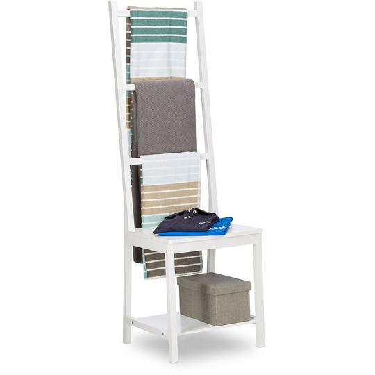 Towel Holder, Clothes Stand, Towel Rack, Valet Butler, Bathroom Chair, Bamboo, HxWxD: 133 x 40 x 42 cm, White - Relaxdays
