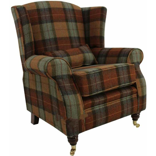 Wool Tweed Wing Chair |High Back Armchair Skye Burnt Orange Check Wool