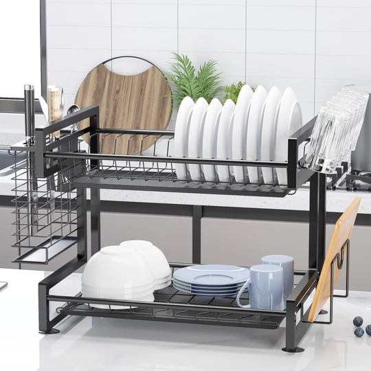 Dish Drying Rack, 2 Tier Dish Rack Stainless Steel With Utensil Knife Cup Holder And Cutting Board Holder Dish Drainer With Removable Drain Board For