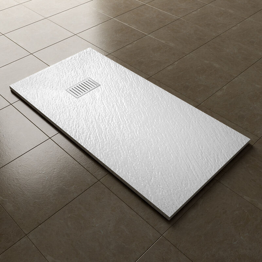ELEGANT 1400x700mm Slip-Resistance Shower Tray White Slate Effect Square Shower Enclosure Base with Waste Trap and Stainless Steel Drain Cover B