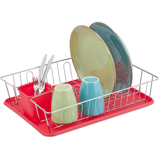Relaxdays - Dish Drainer, hwd: 11.5 x 43 x 34 cm, Drying Rack, Drip Tray, Cutlery Holder, Metal & Plastic, Red