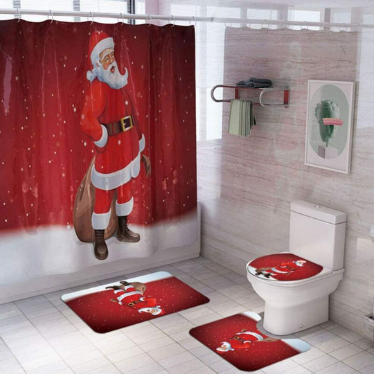 Perle Rare - 4 Piece Toilet Christmas Decoration, Shower Curtain, Floor Mat, Lid Cover, Toilet Mat