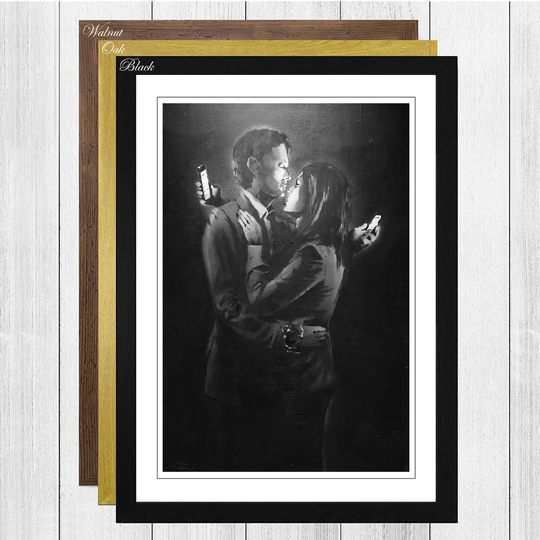 'Mobile Lovers Black and White Wall Graffiti' by Banksy Framed Painting Print