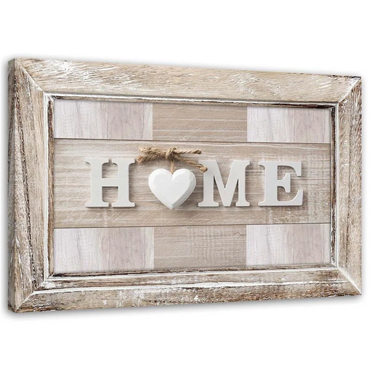 Canvas print, Home inscription in light wood with frame