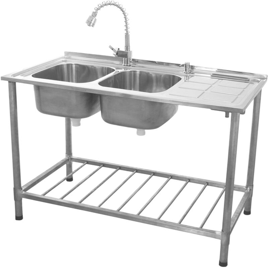 Catering Sink Stainless Steel Kitchen Commercial Restaurant Double Bowl Storage Shelf Unit & Tap / Right Hand Drainer - Silver