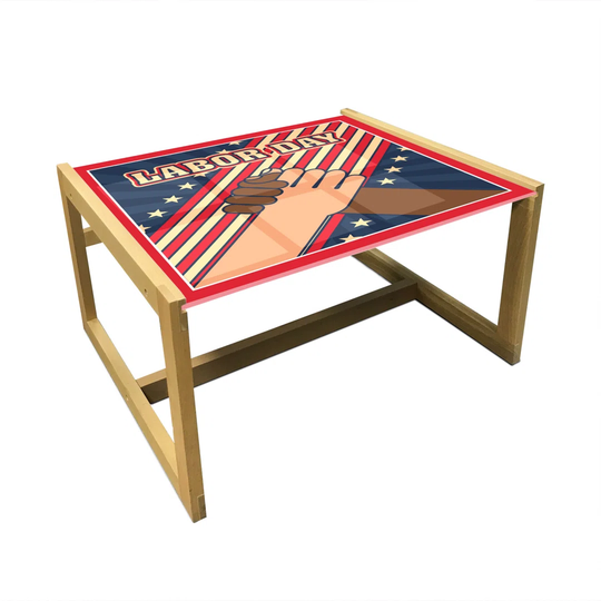 Labour Day Coffee Table, Frame Layout Of Holding Hands Celebrating Pattern, Acrylic Glass Center Table With Wooden Frame For Offices Dorms Pink Multic