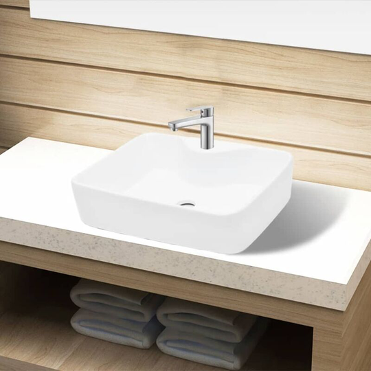 Ceramic Bathroom Sink Basin with Faucet Hole White Square VDTD04214