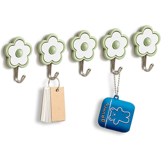 5 Pack]Cute Floret Utility Hooks Waterproof and Oil Proof. Hanging Key. Stick On Wall Kitchen Bathroom Ceiling Or Office Windows Hangers-Green