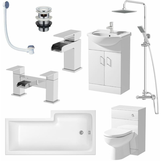 Complete Bathroom Suite lH L Shaped Bath Vanity Unit BTW Toilet Tap Set Shower - White