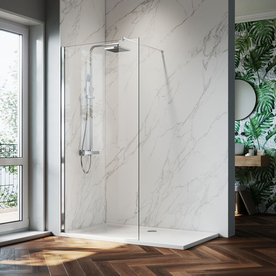 8mm Nano Easy Clean Shower Enclosure Glass 760mm Wet Room Shower Screen Door + 1400x900mm Tray + Thermostatic Shower Valve Bathroom Set + Waste Trap