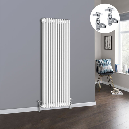 White 3 Column Traditional Cast Iron Style Radiator with Chrome Angled Cross Head Manual Valves Vertical 1500x562mm