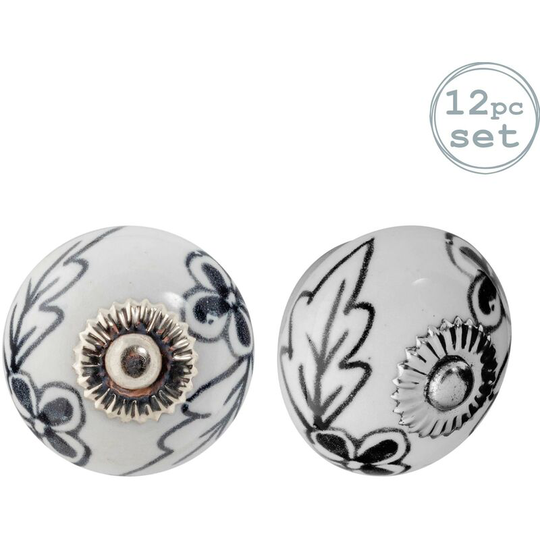 Round Ceramic Cabinet Knobs - Black Flower - Pack of 12 - Nicola Spring