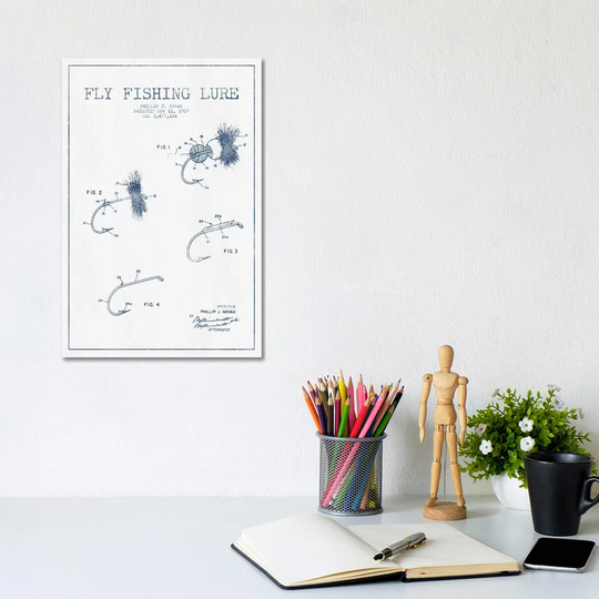 P.J. Novak Fly Fishing Lure Patent Sketch (Ink) by Aged Pixel - Wrapped Canvas Drawing