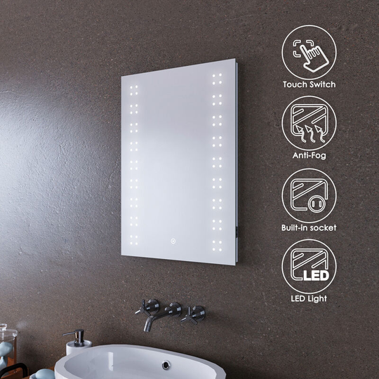 Led Illuminated Bathroom Mirror with Light 500 x 700 mm Dot Light, Touch Switch + Demister + Shaver Socket - Elegant