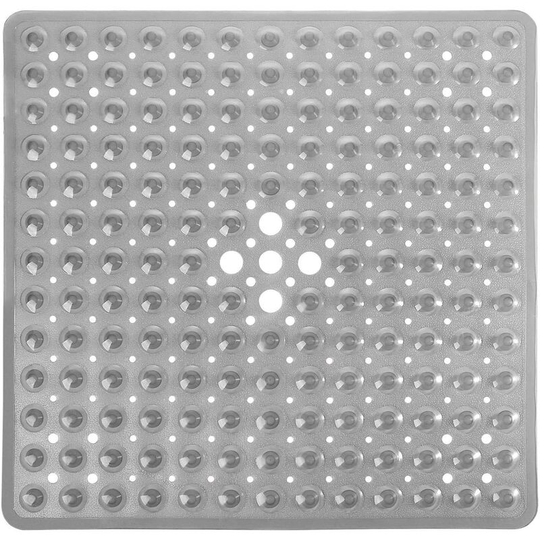 21 x 21 In Shower Mat for Bathtub, Non-Slip with Drain Holes Machine Washable, Clear Gray